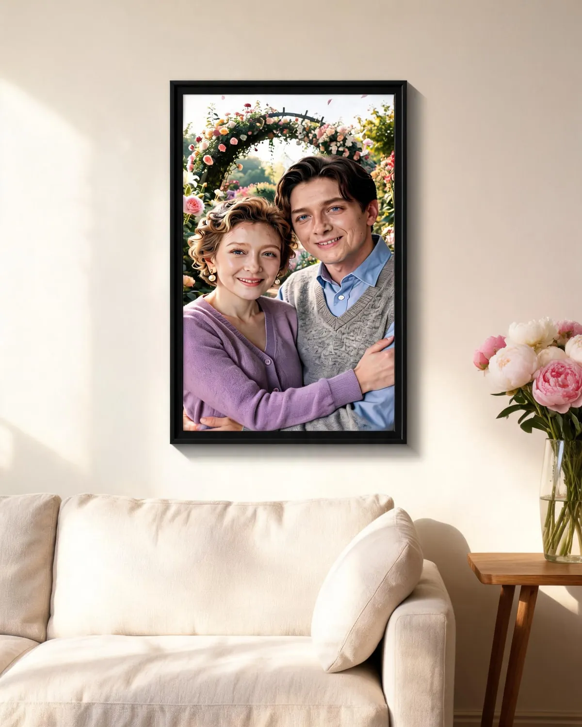 A framed canvas of the young couple embracing in a flower garden, hanging above a linen sofa in a bright, sunny living room