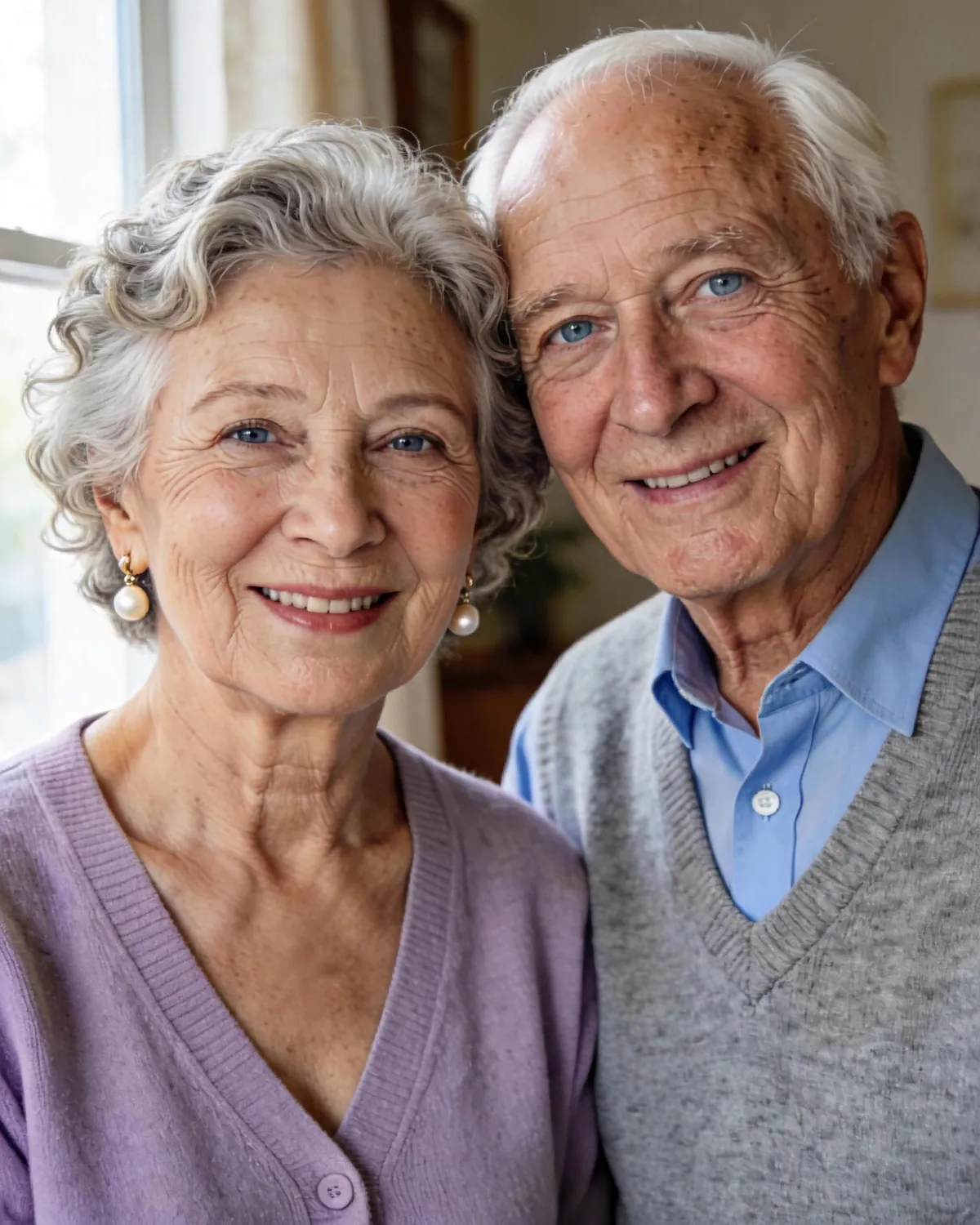 Example: a smiling married couple in their seventies at home, close together, she in pearl earrings and a lavender cardigan