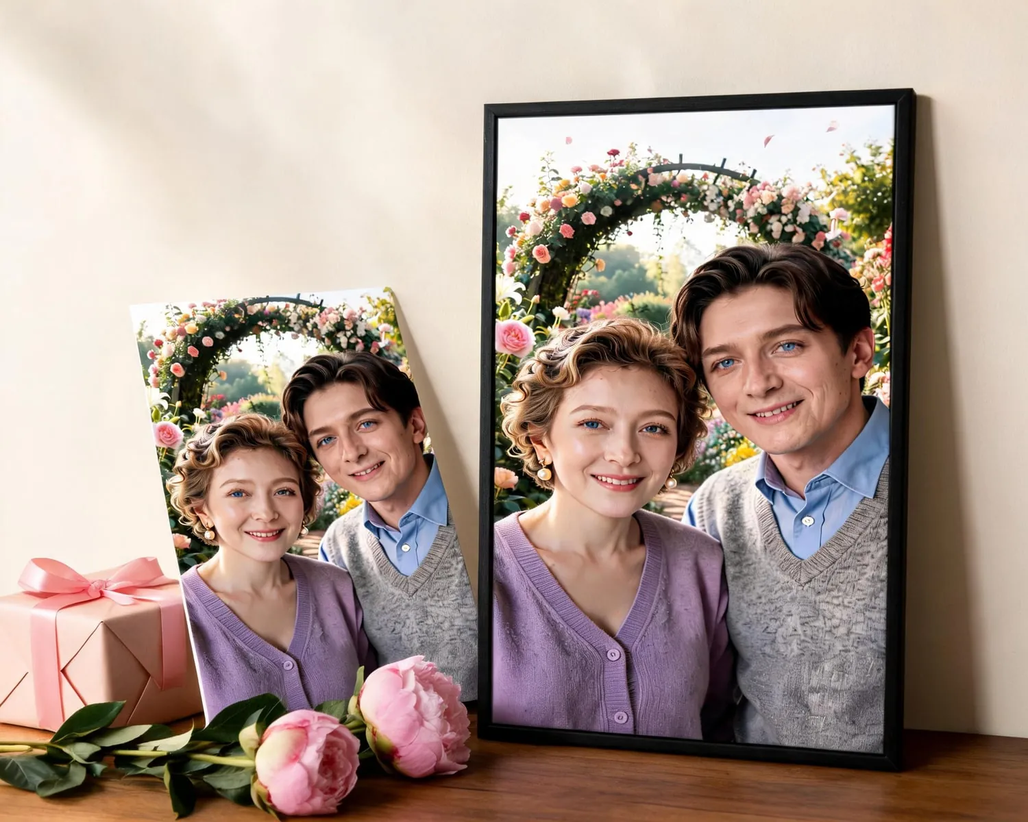 A personalized greeting card with the young couple in a flower garden, standing beside their framed canvas, a gift box tied with a pink ribbon and pink peonies