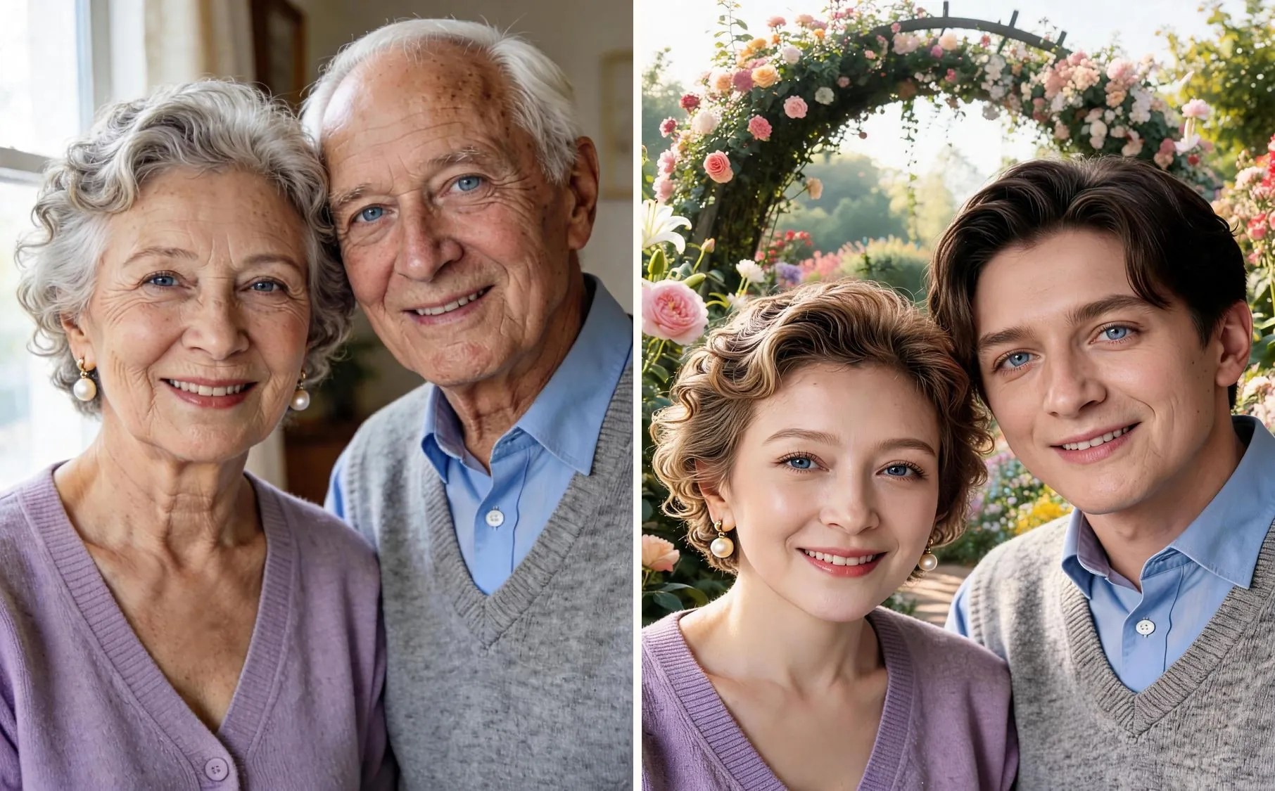 Before and after: a smiling couple in their seventies at home, and the same couple young again in a sunlit paradise flower garden