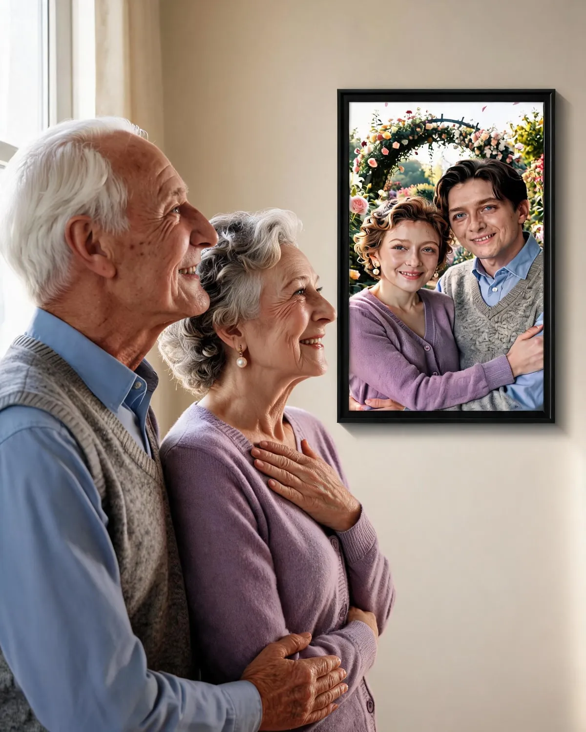 An older couple at home, moved and smiling as they look at the framed canvas of their younger selves, her hand on her heart and his arm around her